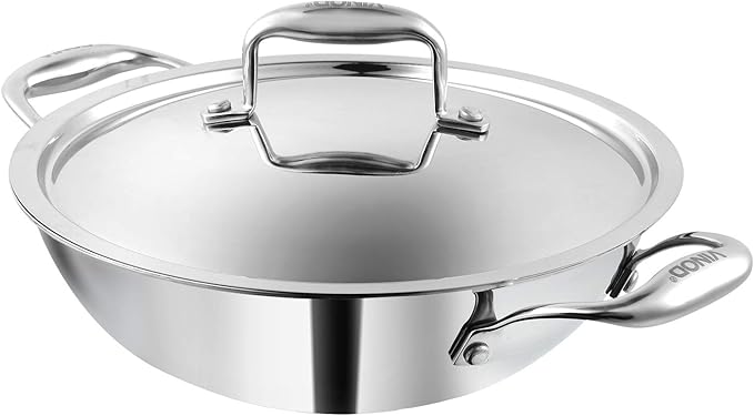 Vinod Platinum Triply Kadai with Lid, 28cm, 3.7 Litre, for Home Kitchen | Stainless Steel Wok For Indian Cooking; Durable Tri-Ply Construction, Induction And Gas Compatible