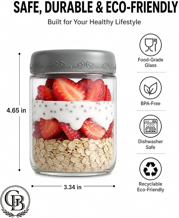 16oz 6-Pack Overnight Oats Containers with Lids,Glass Airtight Food Storage Containers Mason Jars, Glass Yogurt Jars with lids for Sugar Pudding Sugar Salad (16oz-6 pack)