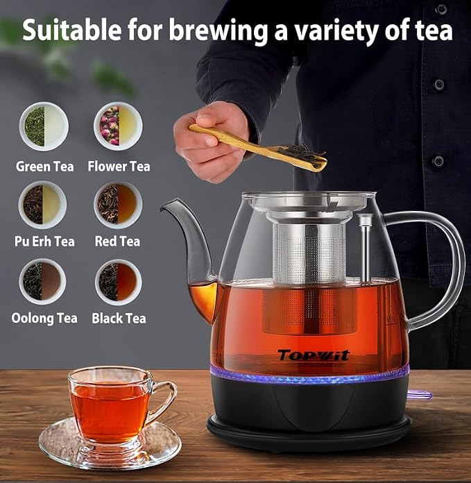 Topwit 1L Glass Electric Kettle, Gooseneck Electric Tea Kettle, BPA-free | Removable Stainless Steel Tea Infuser, Auto-Shut Off, Boil-Dry Protection, Dual-Purpose For Hot Water, Tea & Coffee, Black