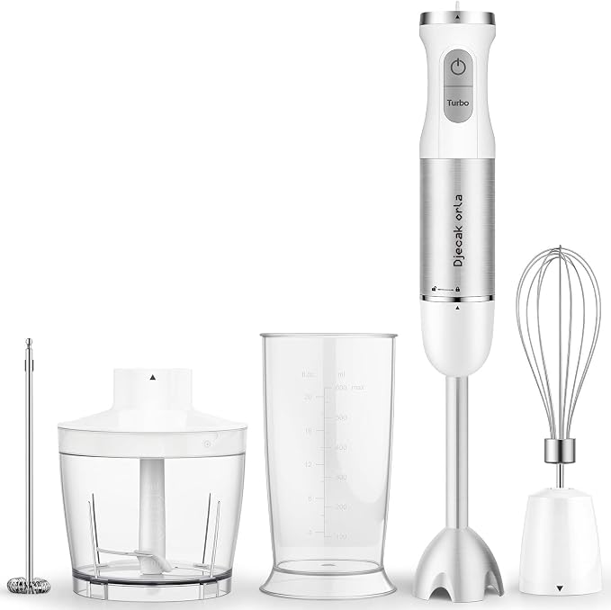 Upgrand 1100W 5-in-1 Immersion Blender Handheld, White | 30 Speed Stick Blender with Turbo, 15,500 RPM, Includes Whisk, Milk Frother, 500ml Chopper & 600ml Beaker