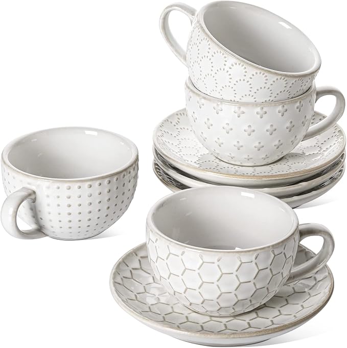 LE TAUCI 6 oz Cappuccino Cups with Saucers, Ceramic Espresso Coffee Cup Set of 4, for Latte, Cafe Au Lait, Flat White, Tea, Dishwasher & Microwave Safe, Housewarming Gift, Embossed, White
