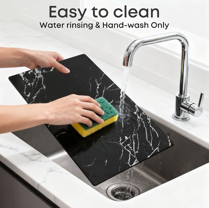 Murrey Home Glass Cutting Board for Kitchen Counter, Tempered Glass Chopping Boards Dishwasher Safe, Small Clear Countertop Tray, Scratch Resistant, Heat Resistant, Non Toxic, Black Marble, 16"x12"
