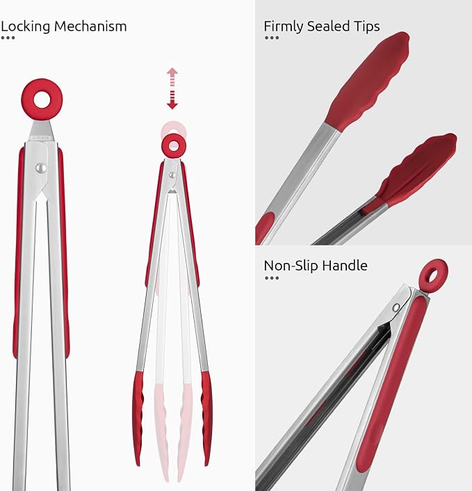 U-Taste Kitchen Tongs for Cooking, 600ºF Heat-Resistant Silicone, 2Pcs/Red | Tong Utensils Set 9/12in, Salad/Grill/BBQ Plastic Tong for Food Serving, Rubber Tipped Tong with 18/8 Stainless Steel Handle