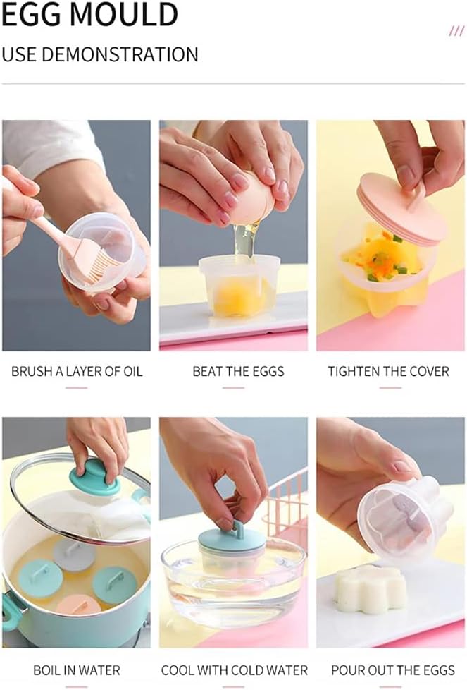 Boiled Egg Maker,4Pcs Plastic Cooker Boiler Pudding Mold with Oil Brush,Non-stick Poached Egg Cups,Fast Poaching Fun Design for Breakfast Kitchen Gadgets (Gray)