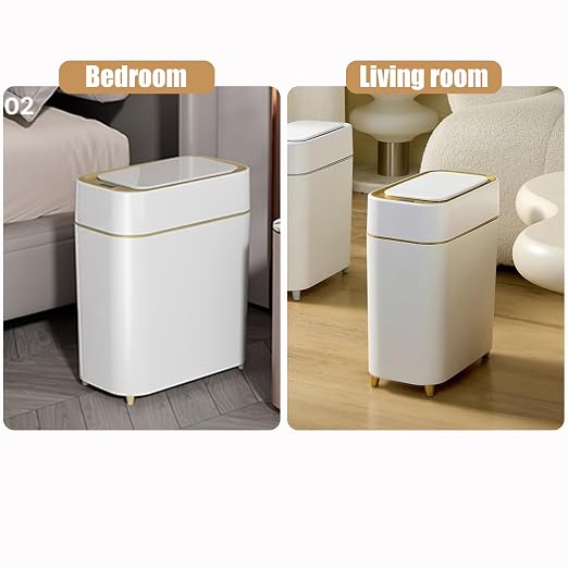 Yatmung Motion Sensor Trash Can Bathroom Automatic Lid - Sensor Garbage Can | Bathroom, Bedroom, Kitchen, Laundry room, Small Spaces - Compact Smart Trash Bin - White with Gold Edge, 1Pack