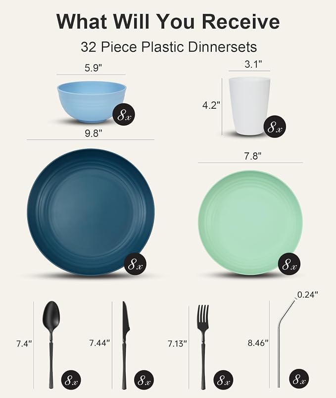Quatish 64 Piece Plates and Bowls Sets for 8, Unbreakable Dinnerware Sets, Plastic Dish Set for Camping, Dishwasher Microwave Safe, Outdoor Kitchen and Apartment Dinning RV Essentials, Blue