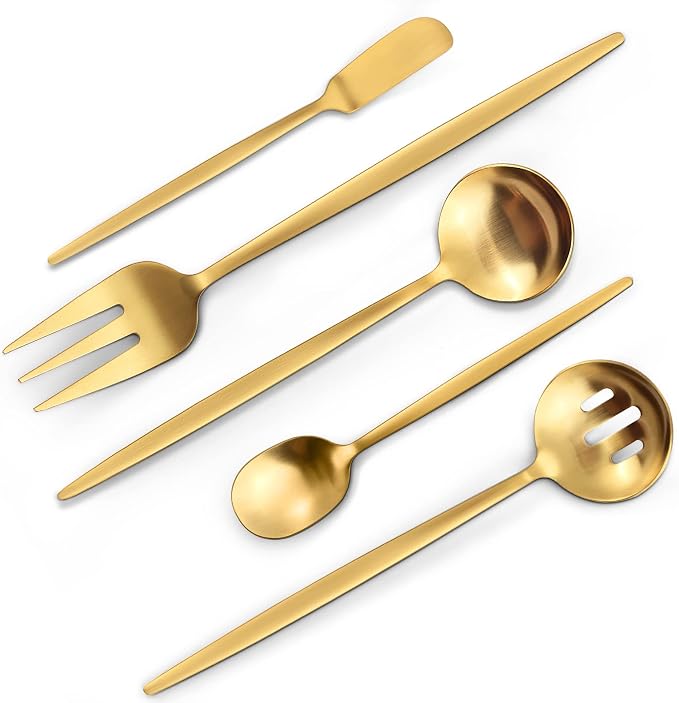 VANVRO Matte Gold Serving Silverware Set, 5-Piece Round Shared Utensils Set of Stainless Steel, Hostess Flatware Serving Set, Satin Finish, Dishwasher Safe