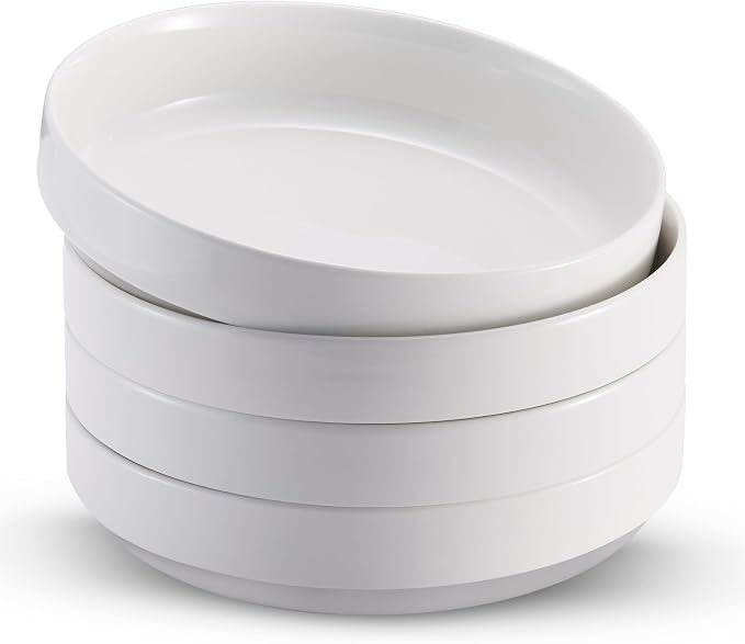 KooK Pasta Bowl, Bowl Plate, Low Bowl, Plate Bowls, Ceramic Large Shallow Bowls, Microwave and Dishwasher Safe, Great for Soups and Salads, Glossy Porcelain, 47 oz, Set of 4, White