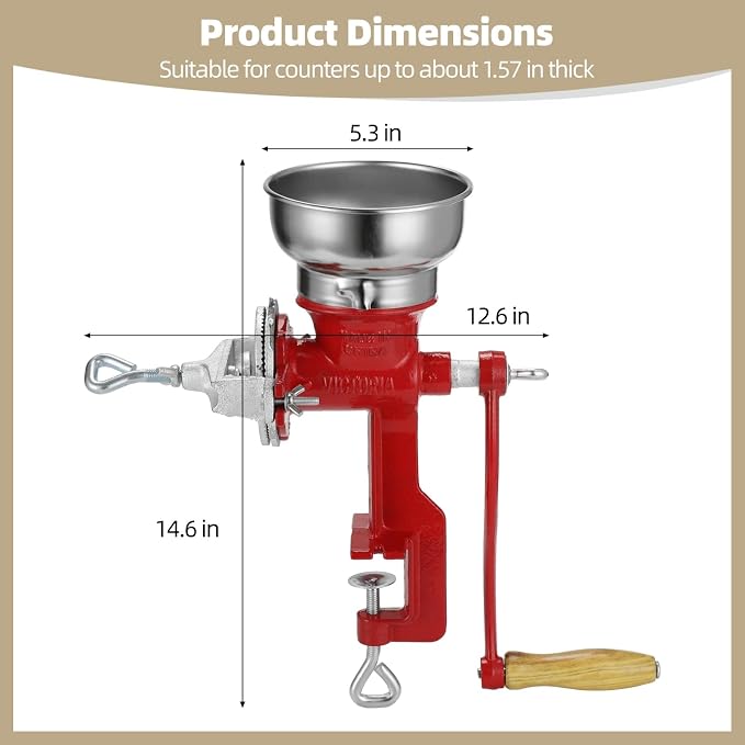 Corn Grinder Grain Manual,Cast Iron Crank Corn Grain Mill Grinder,Hand Powered Flour Mill,Wheat Grinder with Adjustable Coarseness & Wooden Handle for Home, kitchen, Coffee,14.6" Tall & 5.3" Hopper