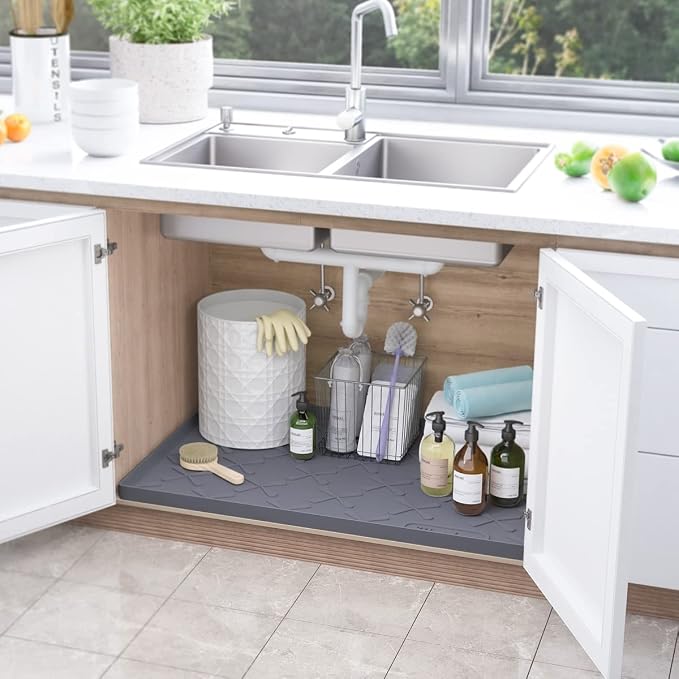 Waterproof Under Sink Mat 22" x 22" Silicone Mat Cabinet Protector | Heavy Duty Deep Drip Tray, Extra Thick Non Slip Liner for Kitchen & Bathroom, Pets, Organizer, Storage, Boots, Home Essential