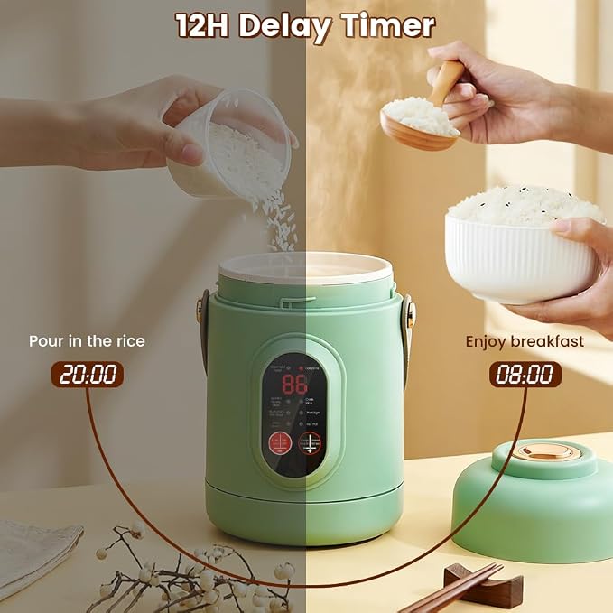 Rice Cooker Small, 500W Rice Maker, 12 Hours Timer Delay & Keep Warm Function, Mini Electric Pot, 800ML Mini Rice Cooker for Travel, Camping, Office (US Plug 110V), Green