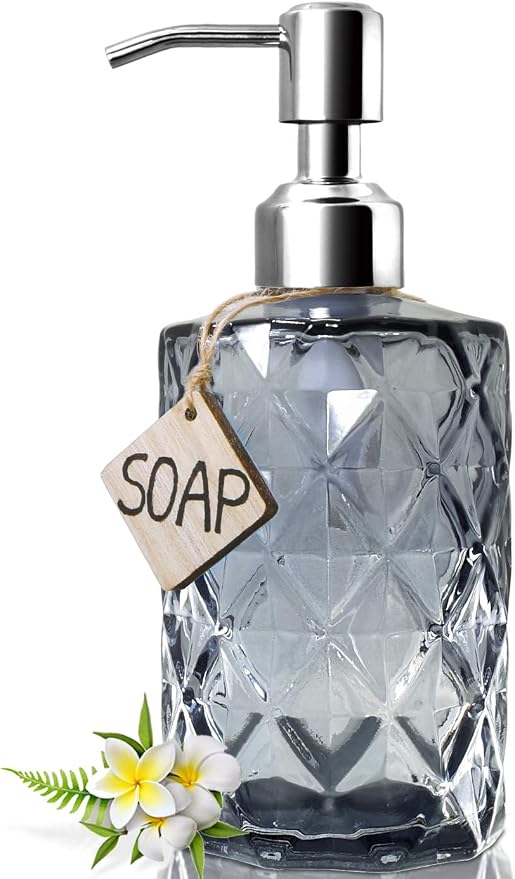 JASAI 12Oz Diamond Grey Glass Soap Dispenser with 304 Rust Proof Soap Pump | Dish Soap Dispenser with 304 Rust Proof for Kitchen, Bathroom Soap dispenser for Hand Soap, Liquid Soap