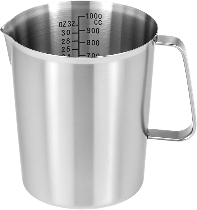 QWORK 304 Stainless Steel Measuring Cup 32 OZ with OZ/ML Graduations, 4 Cup Kitchen Mixing Pitcher, Precision Engraved Markings, Container for Baking and Frothing, 1 Liter