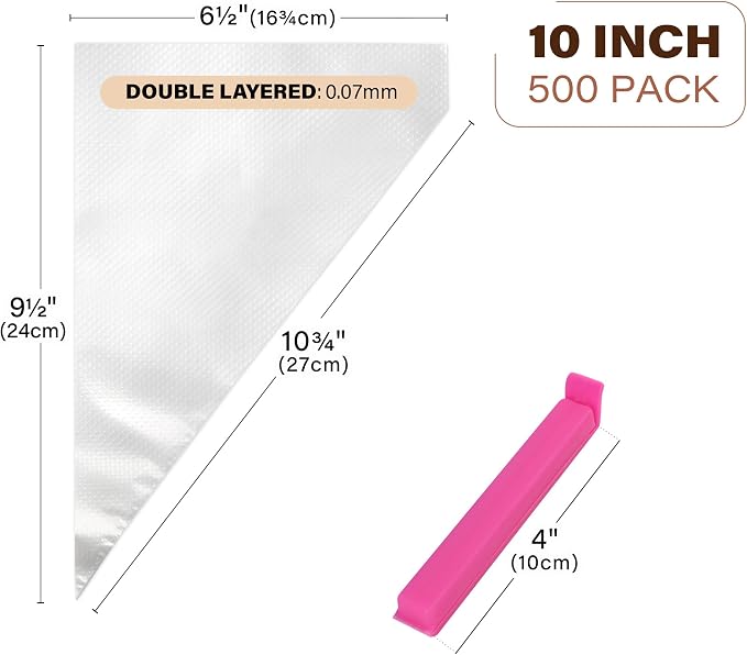 LotFancy 500Pcs Piping Bags 10 Inch, Tipless Piping Bags for Royal Icing | Thickened & Non-Slip, Disposable Icing Bags for Dessert, Pastry, Cookies, Cupcake Decorating