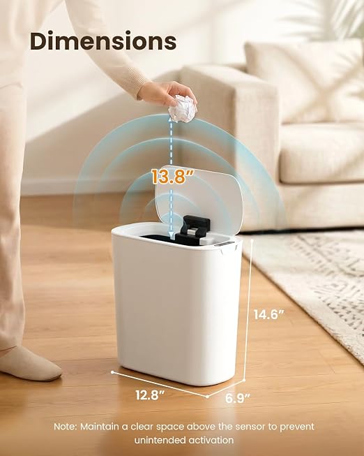 Cesun 5 Gallon Automatic Bathroom Trash Can with Lid, White, Touchless | Motion Sensor, Slim, Small Smart Garbage Bin, Plastic, Battery Operated, Manual Button, for Office/RV/Bedroom/Living Room