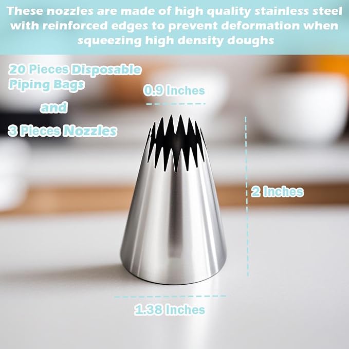 Hendiy 3 Pieces Stainless Steel 9FT Large Churro Piping Tip Set | Churro Maker Icing Tips, Pastry Tips for Cake Decorating, 20Pcs Disposable Piping Bags