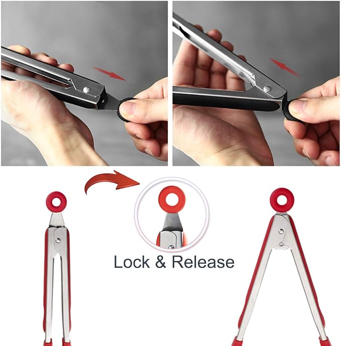 Cooking Tongs 9" and 12" Stainless Steel Kitchen Silicone Serving Tongs | Heat Resistant Meat Turner Spatula Tong Fish Tongs for Grilling Steak Salad Pasta Buffet Serving (Red)