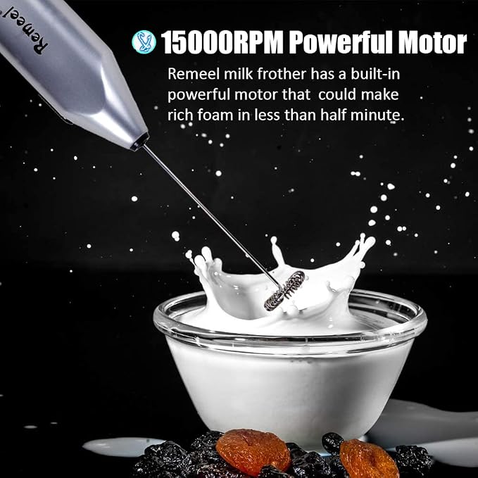 Handheld Milk Frother with Stainless Steel Whisk, Portable and Powerful Foam Maker for Morning Coffee, Latte, Cappuccino, Hot Chocolate (Silver)