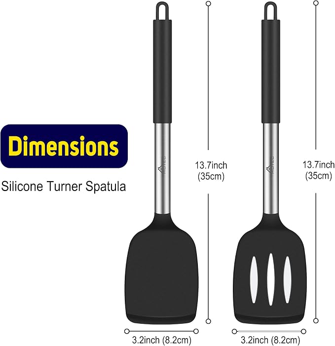 HOTEC Silicone Spatula Set of 2, High Heat-Resistant & BPA-Free Kitchen SaptulaTurner with Stainless Steel Handles, Slotted & Solid Spatulas for Nonstick Cookware, 13.7 Inch, Black