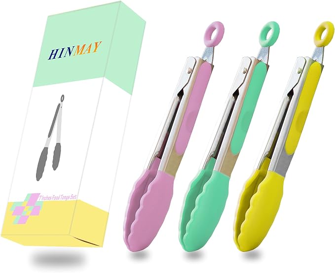 HINMAY Small Tongs with Silicone Tips 7-Inch Serving Tongs, Set of 3 | Pink Mint Yellow