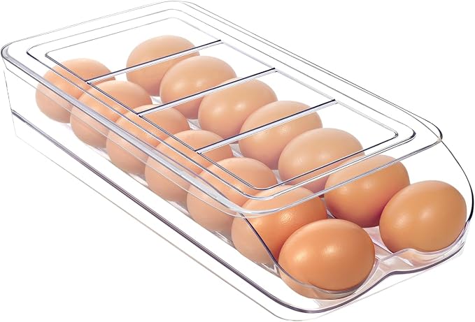 MesRosa Egg Holder for Fridge, Automatic Rolling Egg Organizer -1 Layer | Stackable Clear Egg Container & Tray for Refrigerator, Durable Dispenser and Storage with Sturdy Lid to Saving Space