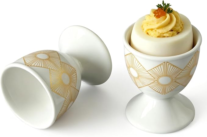 Cinf Ceramic Egg Cups, Set of 2, Art Deco Boiled Egg Holders for Breakfast | Set of 2 ceramic egg cups, classic white design, easy to clean, ideal for boiled eggs, breakfast serving and holiday gifting