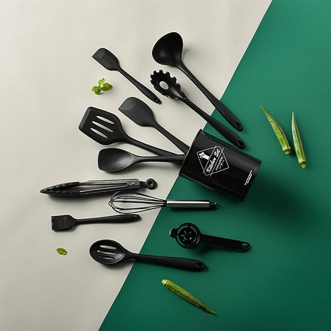 Black Kitchen Utensils Set-12 Pieces Silicone Cooking Utensils Set | Dishwasher Safe 392°F Heat Resistant Spatula Set Kitchen Utensil Set for Nonstick Cookware,Best Kitchen Tools with Holder