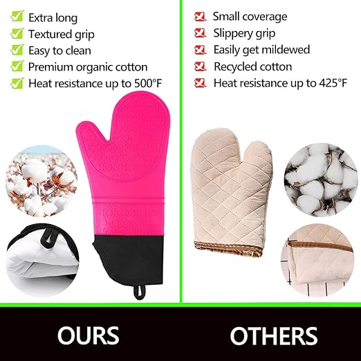 6pcs Silicone Oven Mitts and Pot Holders Sets for Kitchen, Rose | 500°F heat resistant, cotton lining, honeycomb non-slip texture, 15-inch forearm protection, baking cooking gloves