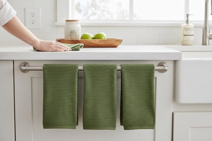 Avocado Forest Green Kitchen Dish Towels, Set of 3, 100% Cotton, 18" x 28" | Terry Loop Ribbed Textured, Soft & Absorbent Cleaning Cloth, Quick Dry, Multipurpose for Everyday Use