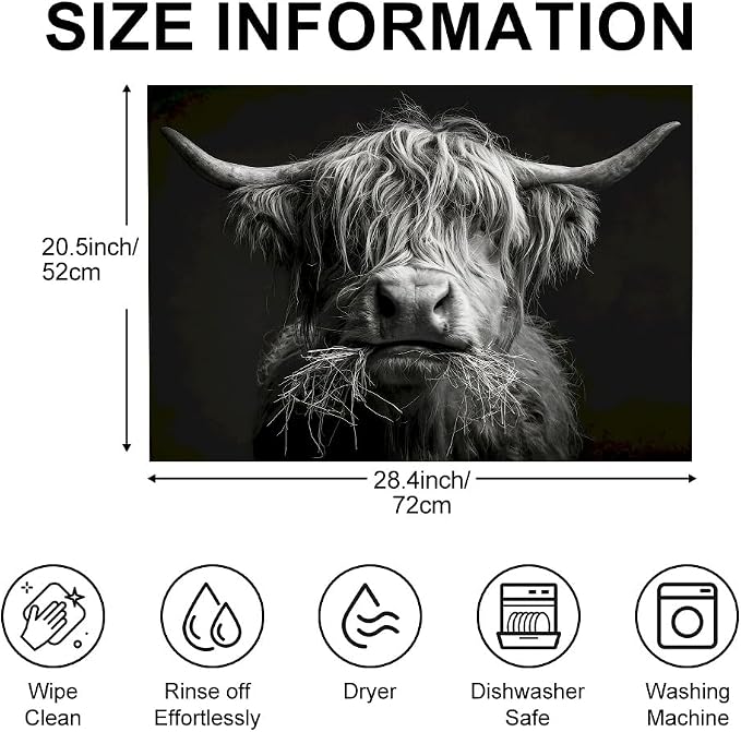 Highland Cow Stove Top Cover, Black and White Farmhouse Style, 28x20 Inch | Highland Cow Face Graphic on Black, Non-Slip Washable Cooktop Protector Mat for Glass & Electric Stoves