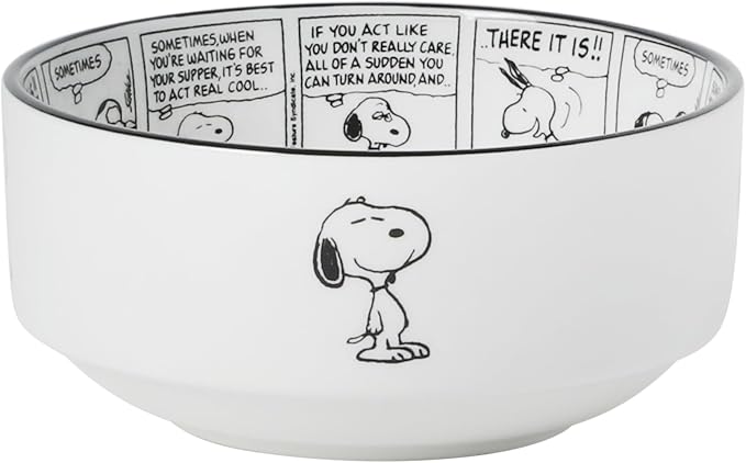 Peanuts Snoopy Cereal Bowls, Set of 4, 4.5-Inch Porcelain Snack Bowls for Ice Cream and Dessert, Sunday Comic Strip Design with Snoopy and Woodstock, Black and White