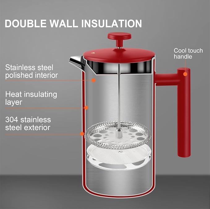 Secura French Press Coffee Maker, 304 Grade Stainless Steel Insulated Coffee Press with 2 Extra Screens, 34oz (1 Litre), Red (Pack of 2)
