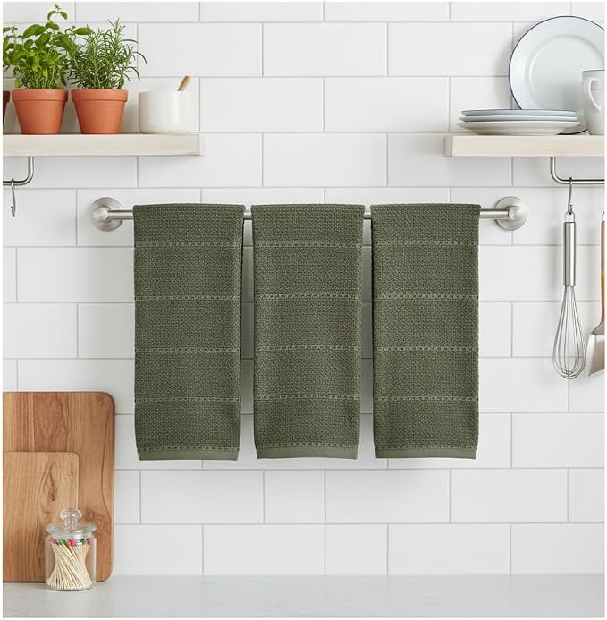 Olive Green Kitchen Hand Dish Towels, Set of 3, 100% Cotton, 18" x 28" | Terry Loop Ribbed Textured, Soft & Absorbent Cleaning Cloth, Quick Dry, Multipurpose for Everyday Use