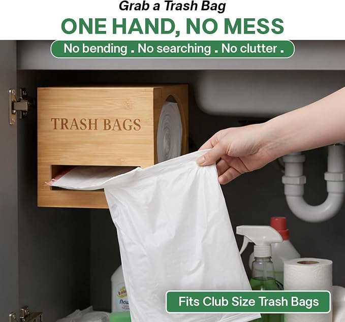Trash bag holder dispenser | Bamboo garbage bag holder dispenser for Under Sink Storage | Wall Mount trash bag holder | Portable Hanging Organizer for Kitchen & Utility Use