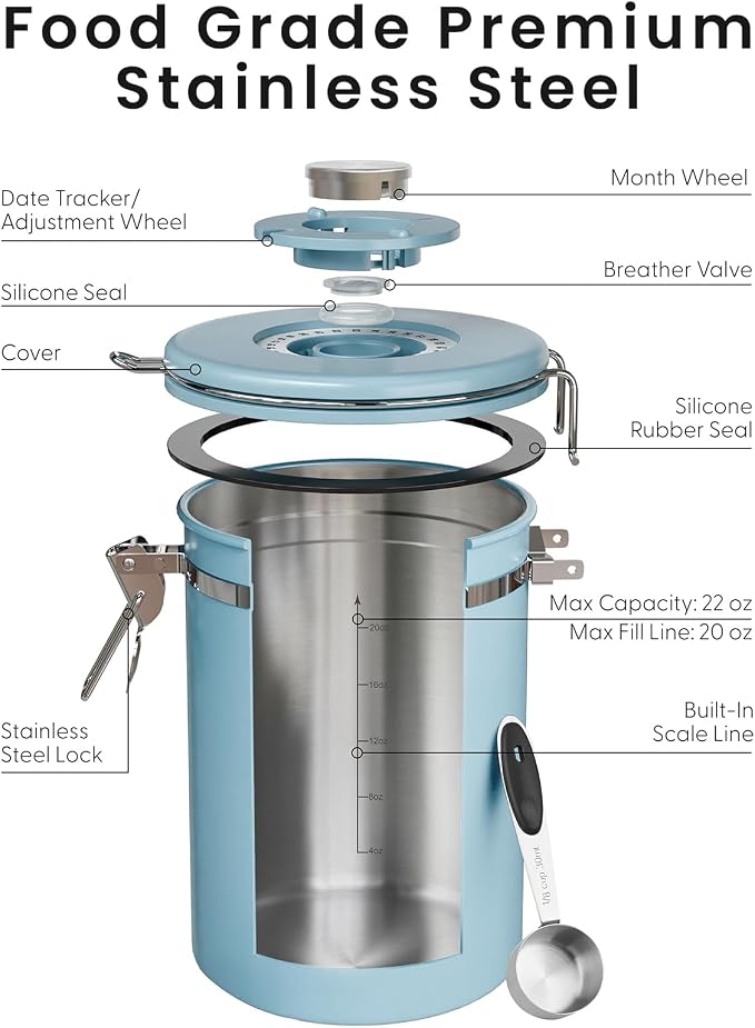 Veken Coffee Canister with Window, Airtight Stainless Steel Container, 22OZ | Date Tracker,Kitchen Food Storage Organizers for Beans, Ground, Espresso, Rice,Tea, Sugar,Cereal, Gifts,Lids,Jars,Scoop, Blue