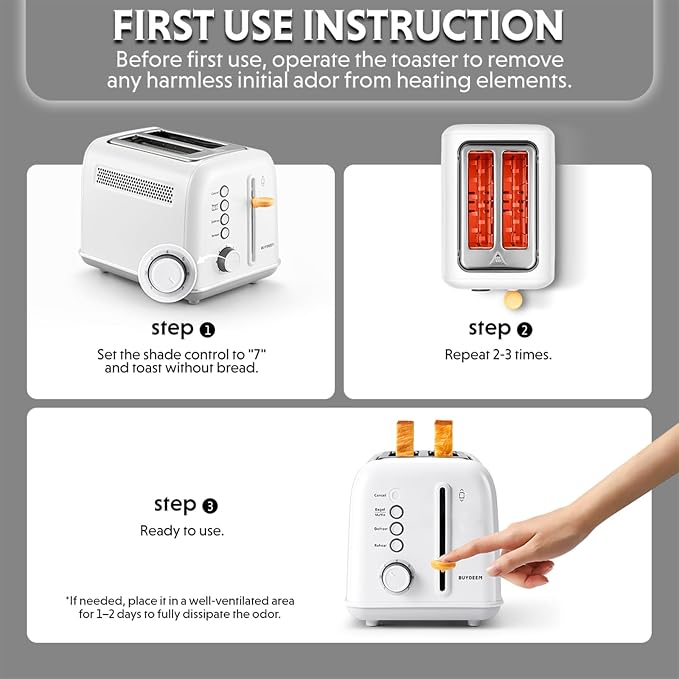 BUYDEEM DT620 2-Slice Toaster, 7 Shade Settings, Extra Wide 1.5'' Slots for Bagel & English Muffin, 6 Toasting Functions, Retro Stainless Steel Toaster with High Lift Lever, Arctic White