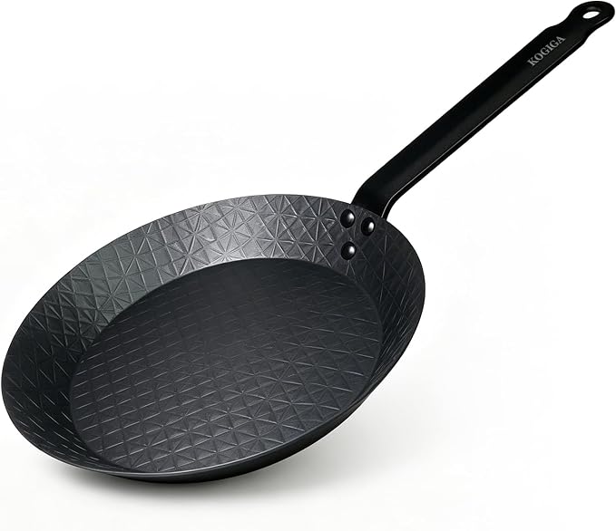 Carbon Steel Frying Pan, 9.5 Inch Naturally Non-Coated Carbon Steel Skillet, Professional Cooking Pan for Steak, Crepe, Tortilla & Stir Fry, Locks in Steak Juices & Separates Excess Fat