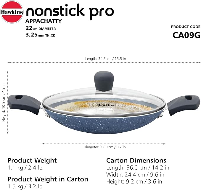 Hawkins Nonstick Pro 0.9 Litre Appachatty, Mini Kadhai, Appachatti, Appachetty, Appam Pot Maker, Deep Fry Pan with Glass Lid, Granite Kadai