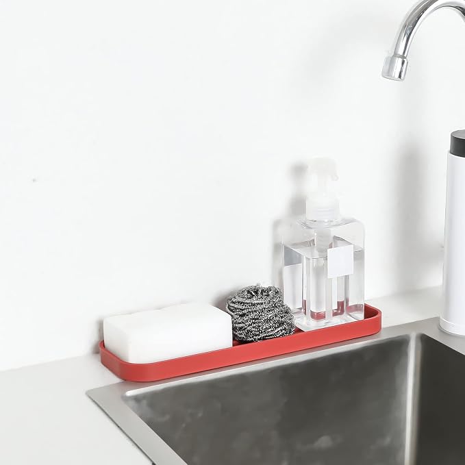 MicoYang Silicone Kitchen Sink Organizer Tray for Multiple Usage,Eco-Friendly Sponges Holder for Kitchen Bathroom Counter or Sink,Dish Soap Dispenser,Scrubber,Bottle,Cup (Red, 12"×4")