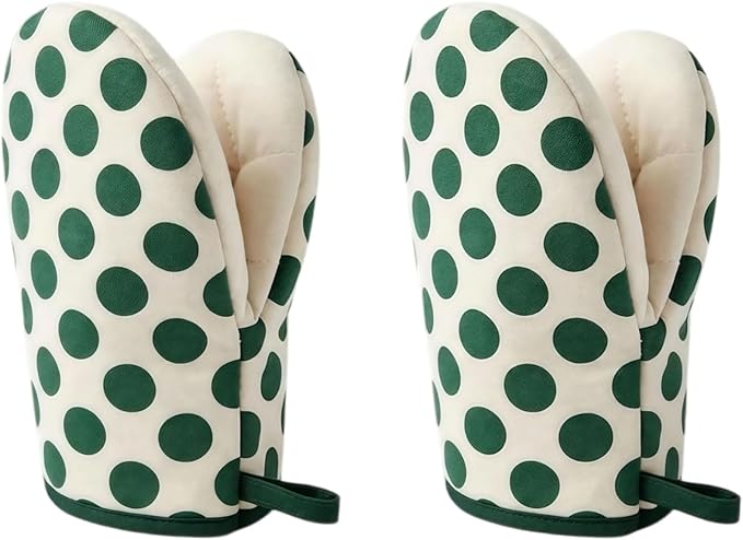 1 Pair Mini Oven Mitts,High Heat Resistant Oven Gloves,Kitchen Short Oven Mit with Hanging Loop for BBQ, Baking, Cooking and Grilling, (dotGreen)