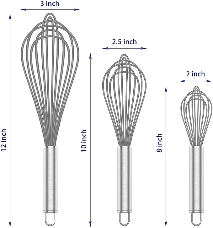 OYV Grey Silicone Whisk Set of 3, 8/10/12 Inch, Non-Scratch | BPA-Free Silicone, Heat Resistant Up to 480°F, Stainless Steel Core, Dishwasher Safe, Nonstick-Safe