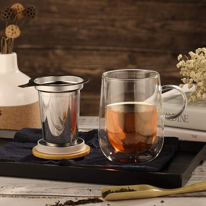 Tea Infuser Mug 14.5oz Insulated Heatproof Glass Tea Cup with Removable Infuser and Lid, Clear Glass Teacup 430ml Double Wall Borosilicate Glass Teacup for Loose Tea, Gifts for Parents Dad Mum