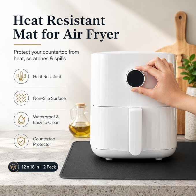 FLASLD 2Pack Heat Resistant Mat for Air Fryer Site on,12"X18" Fireproof Silicone Mats for Kitchen Counter, Countertop Protector, No-slip and Waterproof Black