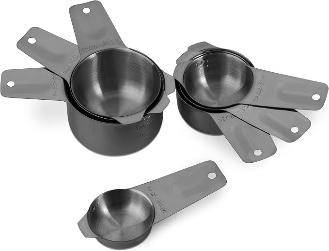 7-Piece 18/8 Stainless Steel Measuring Cups Set, Dark Gray | Includes 1/16, 1/4, 1/3, 1/2, 2/3, 3/4 and 1 Cup, Engraved US and Metric Markings, Pour Spouts and Ring Connector