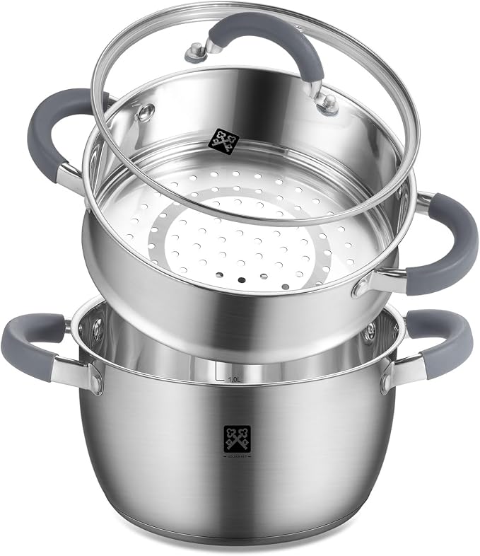 GOLDEN KEY 3.2 QT Steamer Pot With Lid - 2-Tier 18/8 Stainless Steel，Multipurpose Steaming Cookware with Vegetable Steam Basket, Oven & Dishwasher Safe, Triple Bottom for Even Heating, Perfect for Dumplings, Seafood and Vegetables