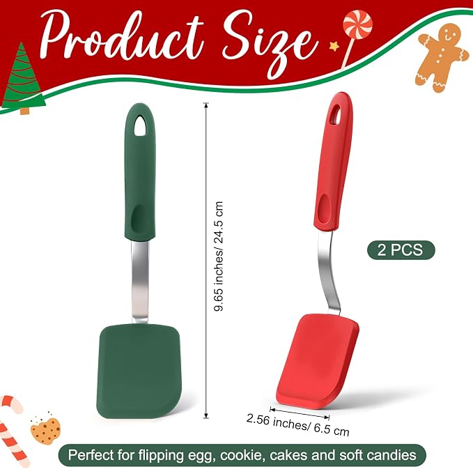 Silicone Cookie Spatula Turner 2 Pack Mini Brownie Spatula Flexible Kitchen Small Silicone Turner for Nonstick Cookware Heat Resistant No Scratch Flipper for Egg(Solid Flat,Red, Green)