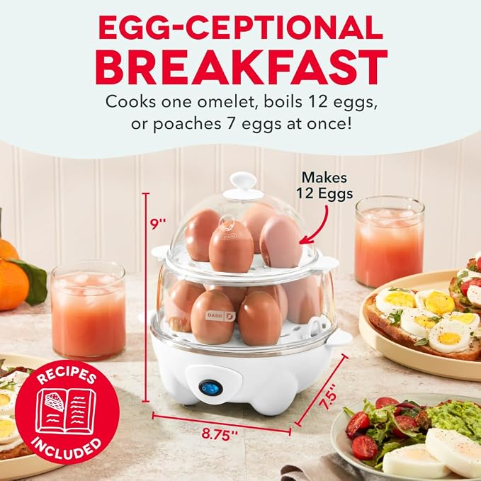 Dash Deluxe Egg Cooker, 12 Hard Boiled Eggs, White | Electric Double Decker Egg Poacher, Steamer & Omelette Maker Machine, Soft or Poached Eggs, Auto Shut-Off, BPA-Free