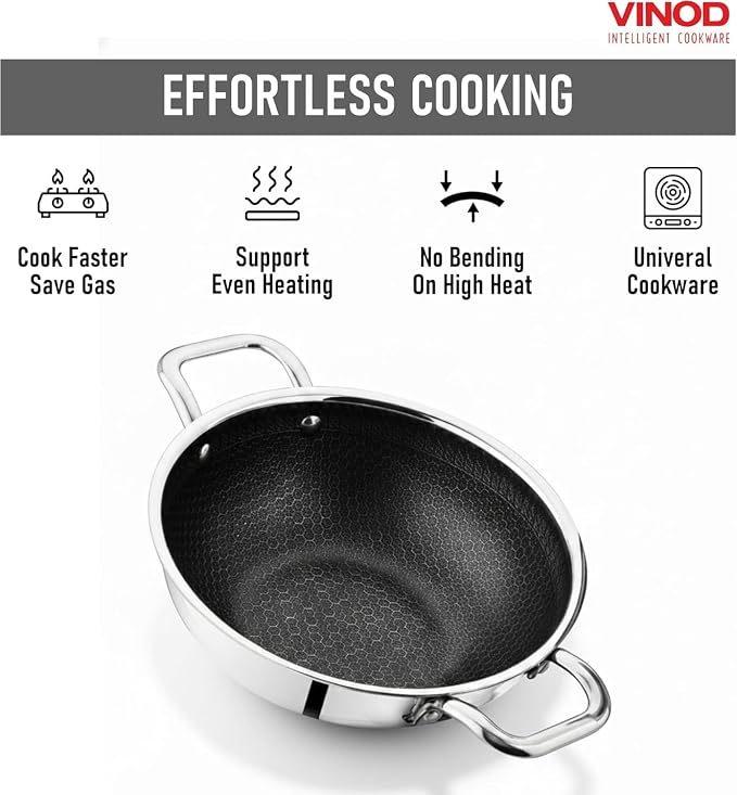 Vinod Nutri-Tech Triply Non Stick Kadai for Indian Cooking (20 cm Diameter | Scratch Resistant Kadhai for Deep Frying | Multipurpose Indian Cookware | Includes Lid