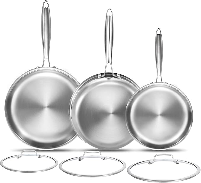 DELARLO Tri-Ply Stainless Steel Pan,18/10, 8",10,12" | Nontoxic Durable Oven Safe 800℉ All Cooktops Compatible Fast Even Heat PFOA Free Large Frying Pan Nontoxic Cookware