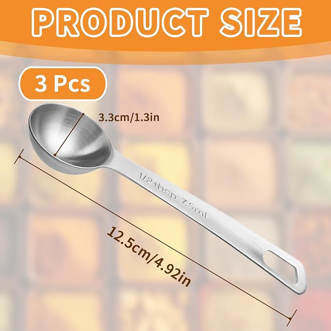 3 Pcs 7.5ml/ 1/2 Tbsp Short Handle Scoops – Stainless Steel Measuring Spoons for Baking, Liquid Ingredients & Tea, Soup & Kitchen Cooking